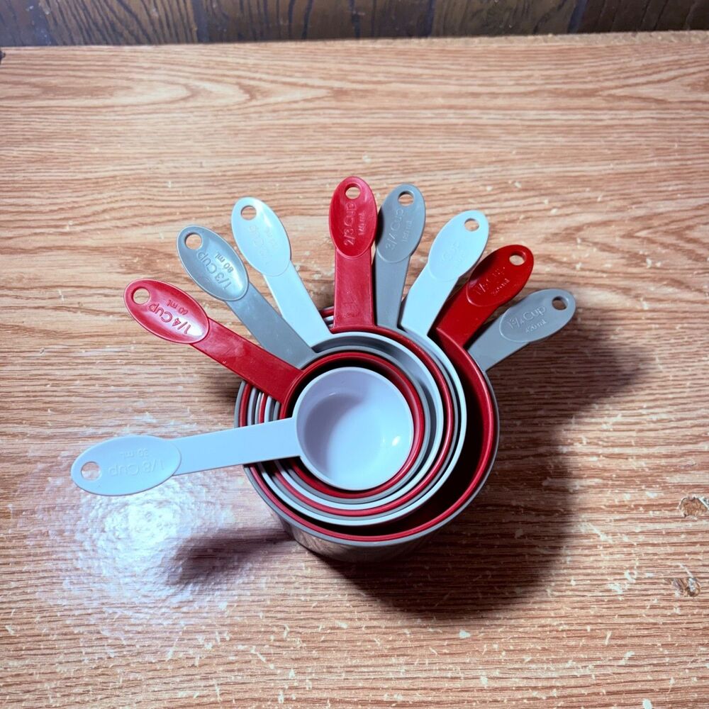 Red Grey White Measuring Cups Set 1 3/4, 1 1/2, 1, 3/4, 2/3, 1/2, 1/3, 1/4, 1/8